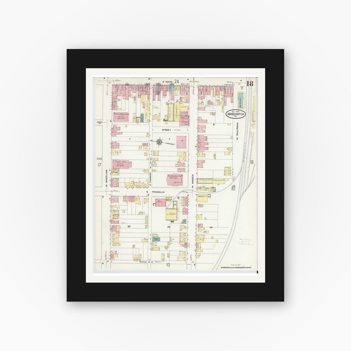 Old map wall art mockup — black gallery frame with white mat — Sanborn Fire Insurance Map from Washington, Washington County, Pennsylvania (1909), Sheet #0018