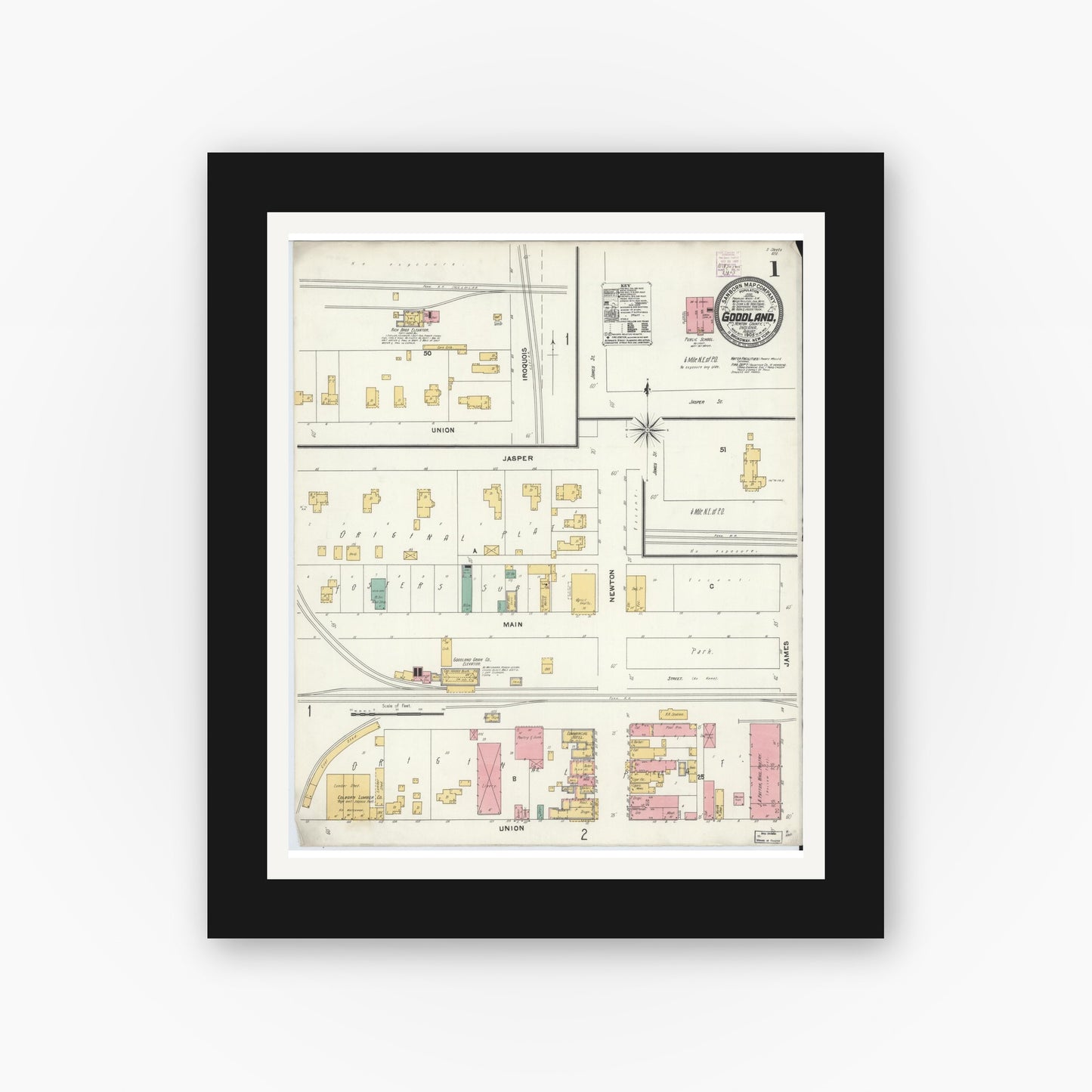 Old map wall art mockup — black gallery frame with white mat — Sanborn Fire Insurance Map from Goodland, Newton County, Indiana (1905) - Complete Map Set