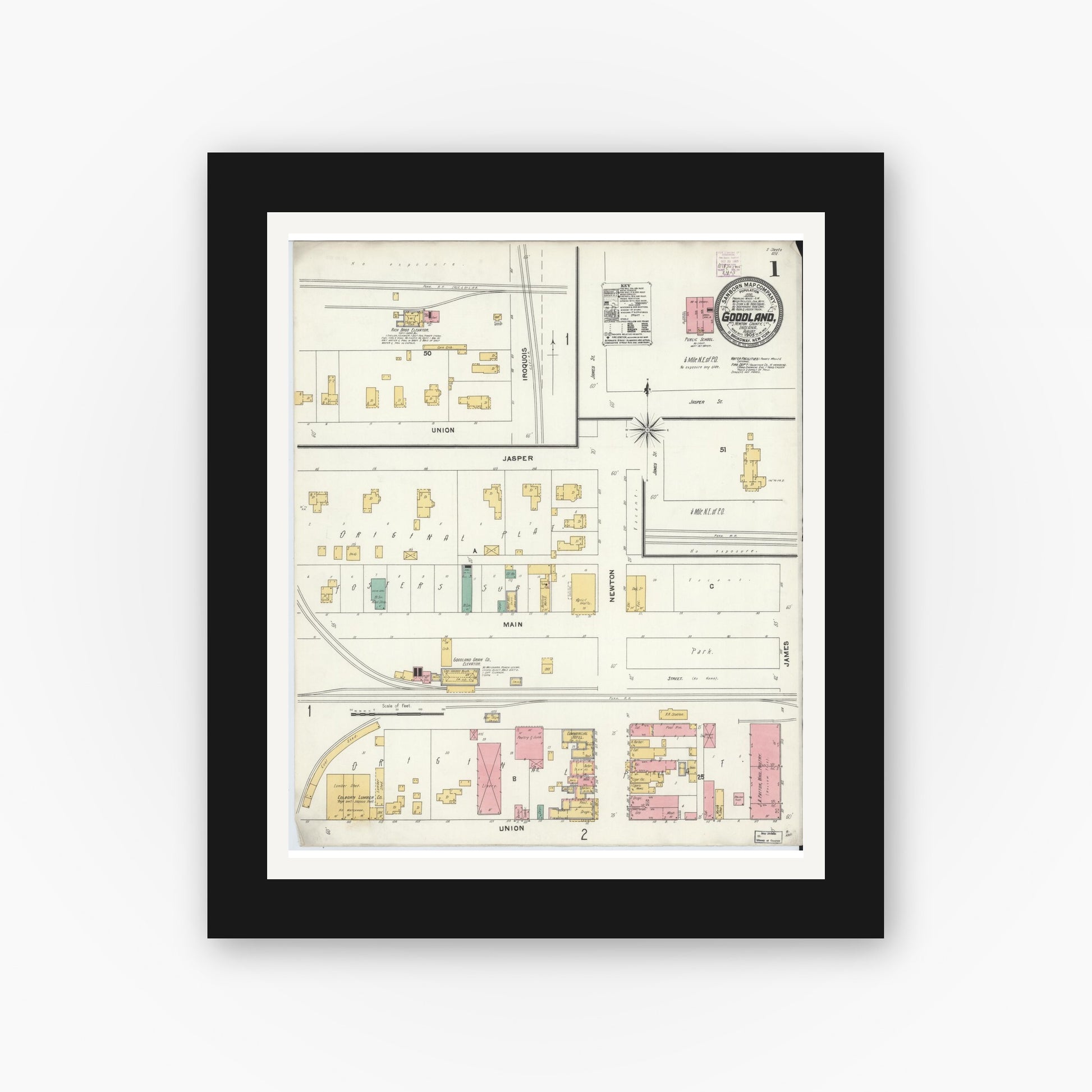Old map wall art mockup — black gallery frame with white mat — Sanborn Fire Insurance Map from Goodland, Newton County, Indiana (1905) - Complete Map Set