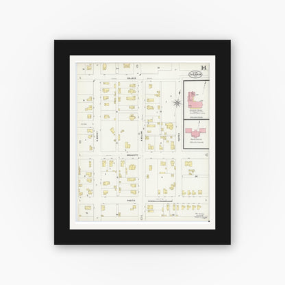 Old map wall art mockup — black gallery frame with white mat — Sanborn Fire Insurance Map from Sherman, Grayson County, Texas (1897), Sheet #0014