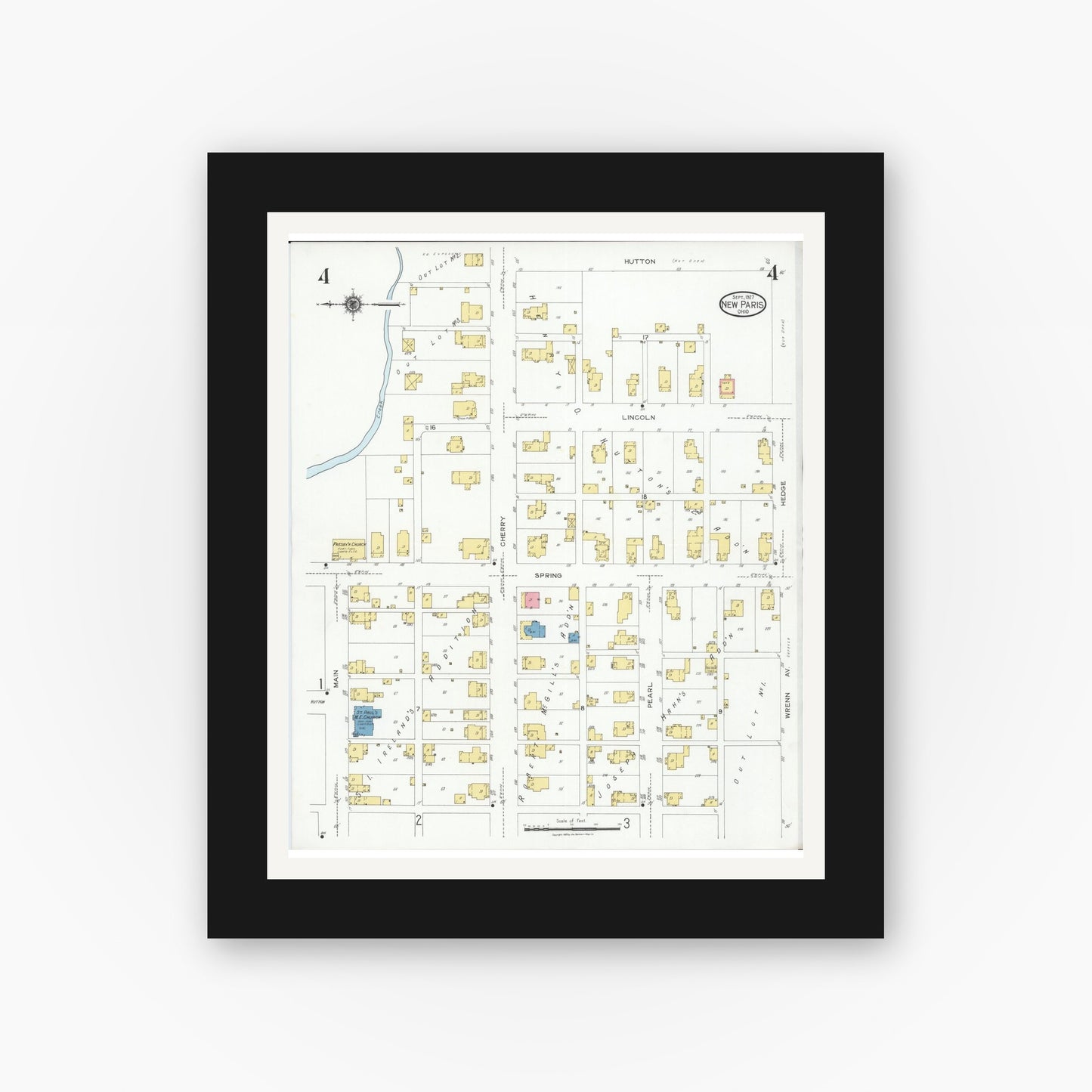 Old map wall art mockup — black gallery frame with white mat — Sanborn Fire Insurance Map from New Paris, Preble County, Ohio (1927), Sheet #0004