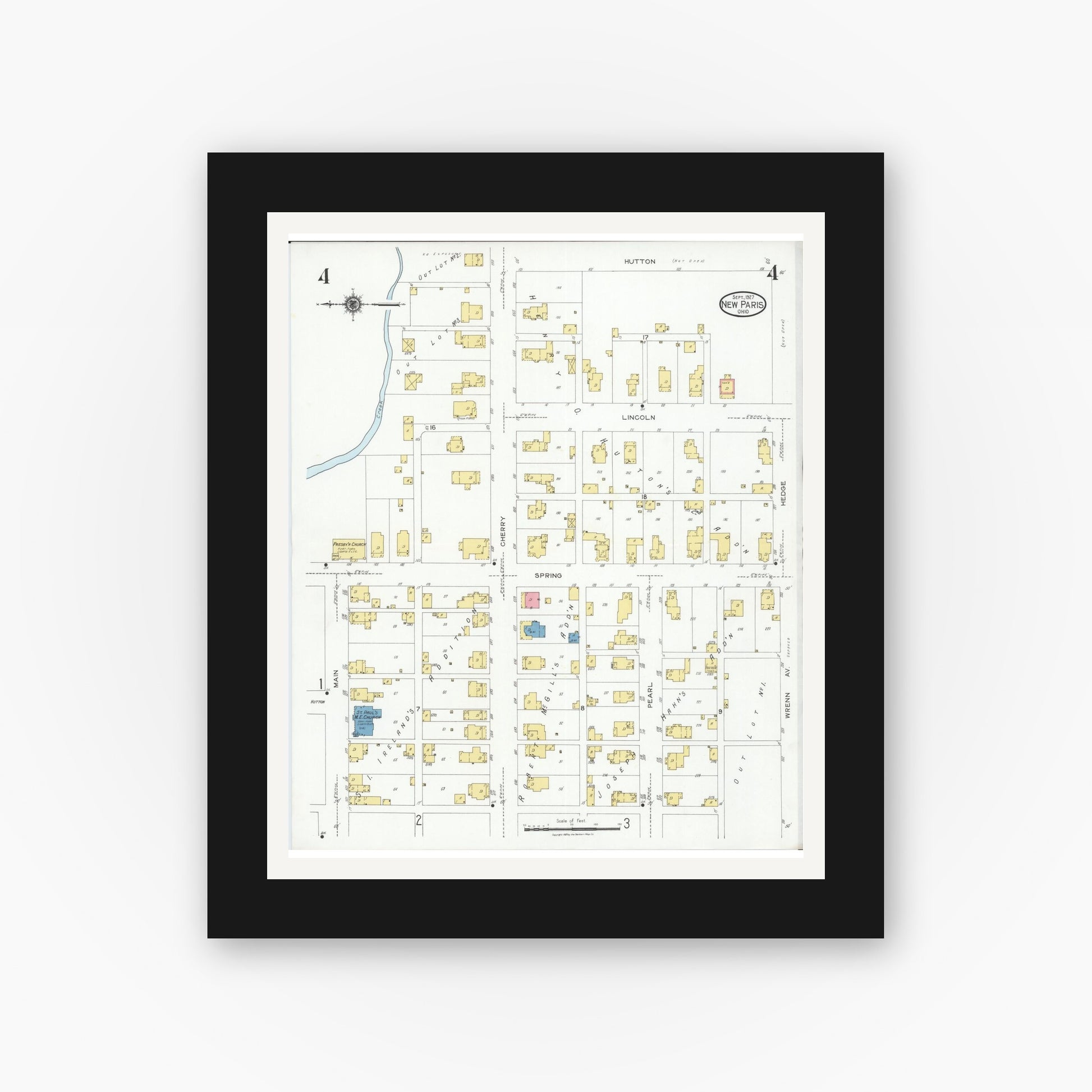 Old map wall art mockup — black gallery frame with white mat — Sanborn Fire Insurance Map from New Paris, Preble County, Ohio (1927), Sheet #0004