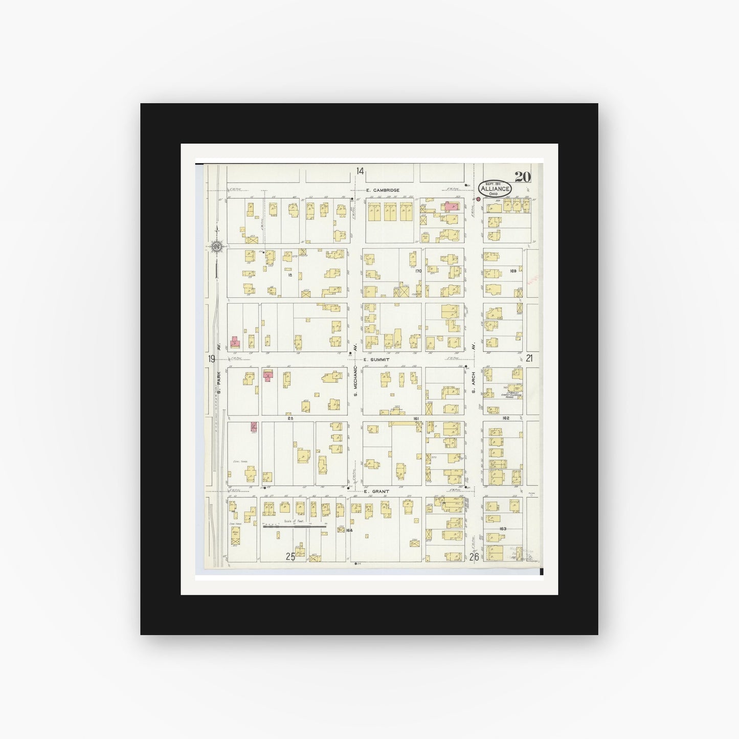 Old map wall art mockup — black gallery frame with white mat — Sanborn Fire Insurance Map from Alliance, Stark County, Ohio (1911), Sheet #0020