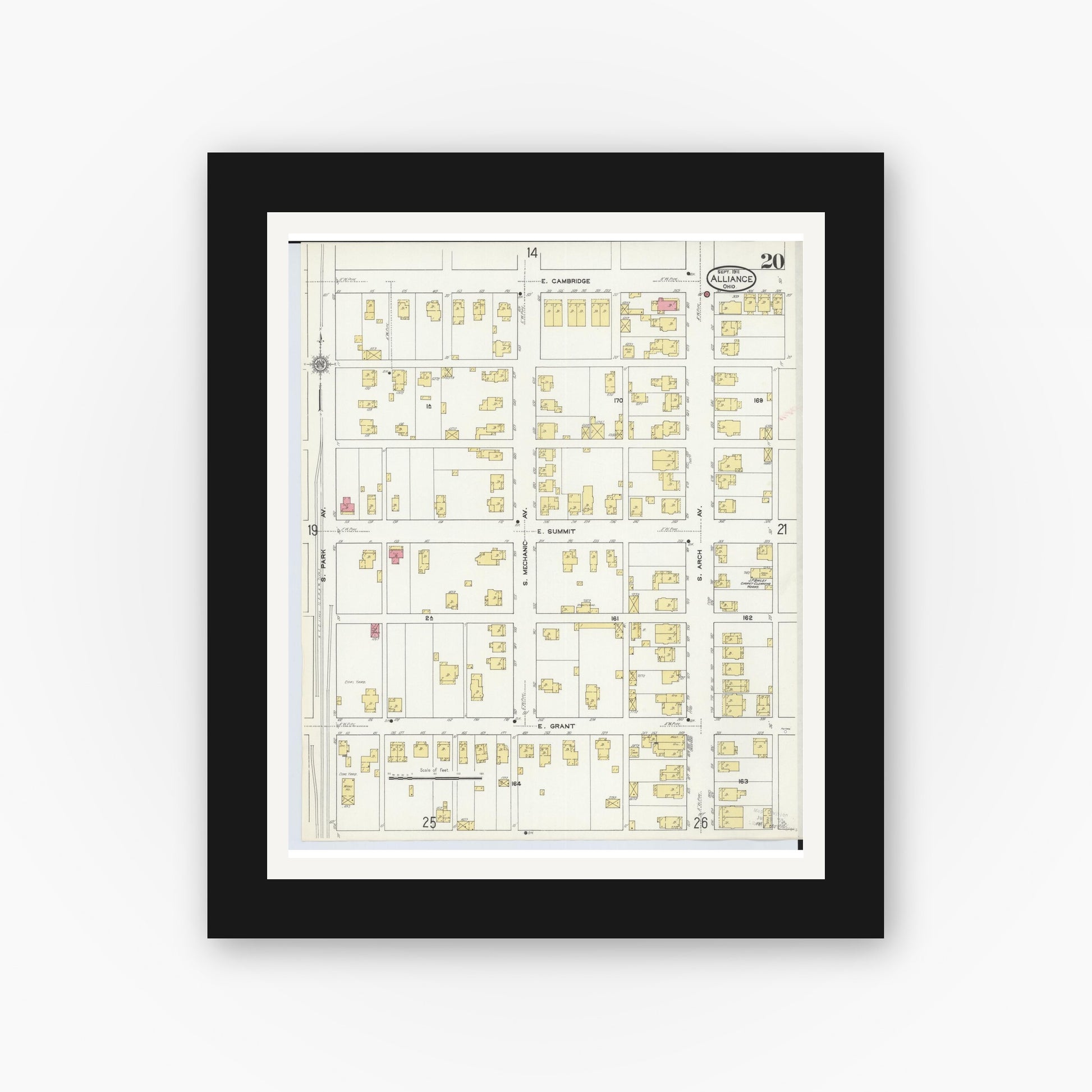 Old map wall art mockup — black gallery frame with white mat — Sanborn Fire Insurance Map from Alliance, Stark County, Ohio (1911), Sheet #0020