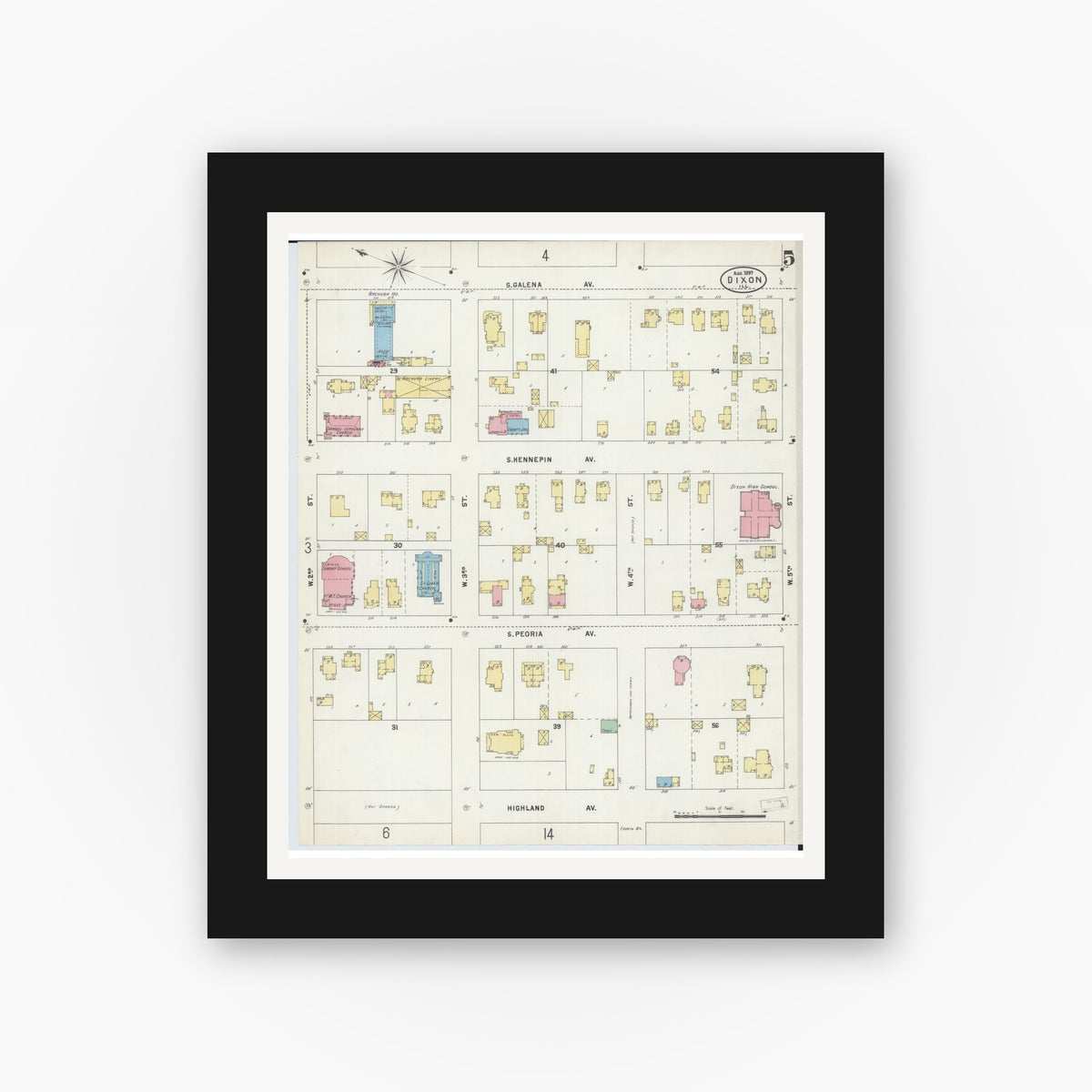 Old map wall art mockup — black gallery frame with white mat — Sanborn Fire Insurance Map from Dixon, Lee County, Illinois (1897), Sheet #0005