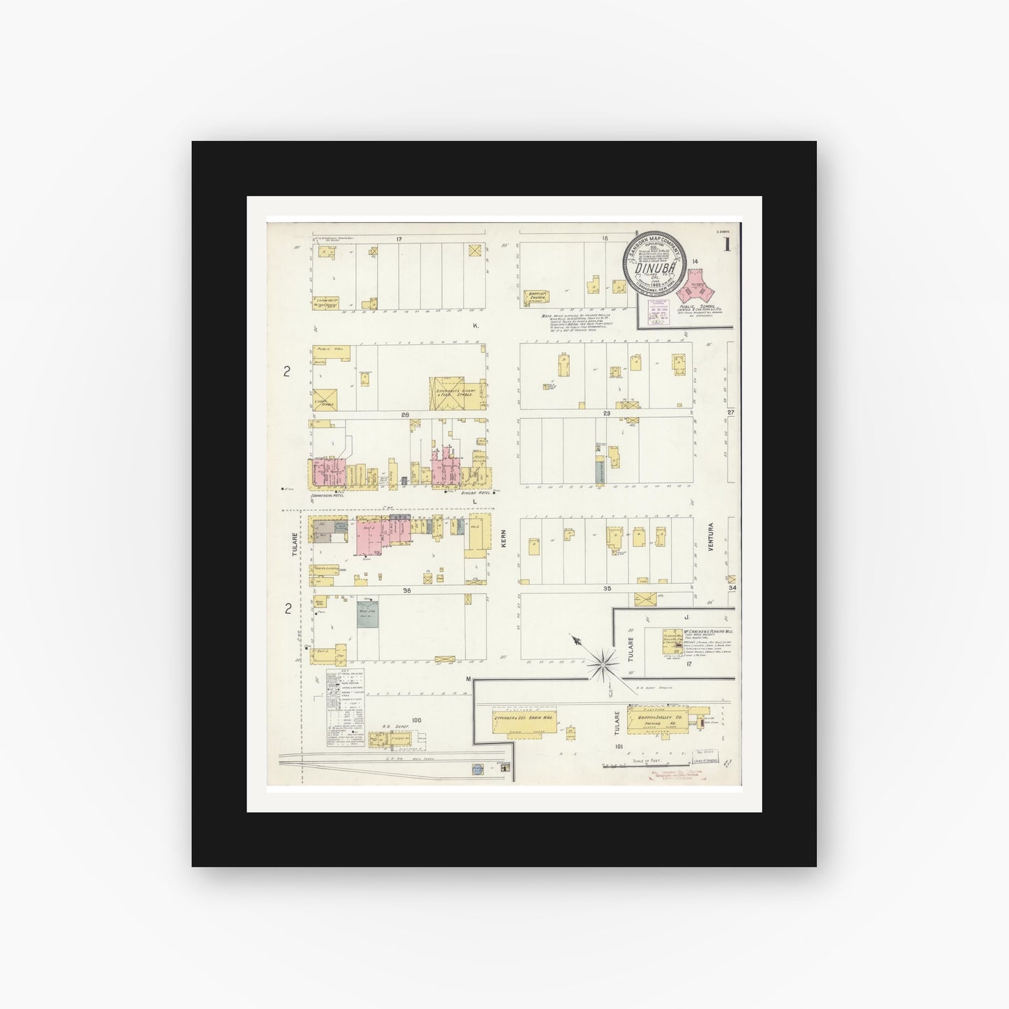 Old map wall art mockup — black gallery frame with white mat — Sanborn Fire Insurance Map from Dinuba, Tulare County, California (1903) - Complete Map Set