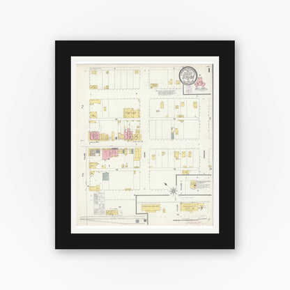 Old map wall art mockup — black gallery frame with white mat — Sanborn Fire Insurance Map from Dinuba, Tulare County, California (1903) - Complete Map Set
