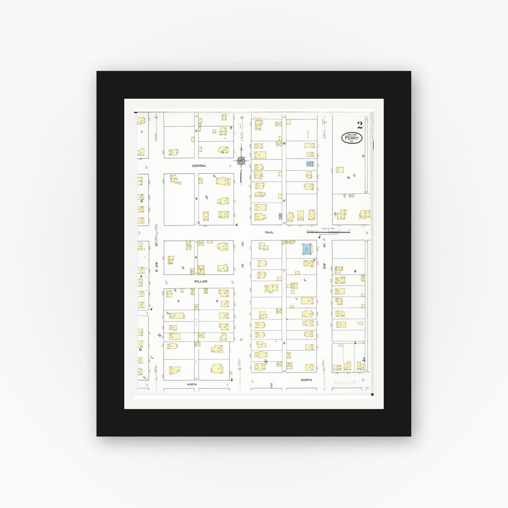 Old map wall art mockup — black gallery frame with white mat — Sanborn Fire Insurance Map from Perry, Dallas County, Iowa (1918), Sheet #0002