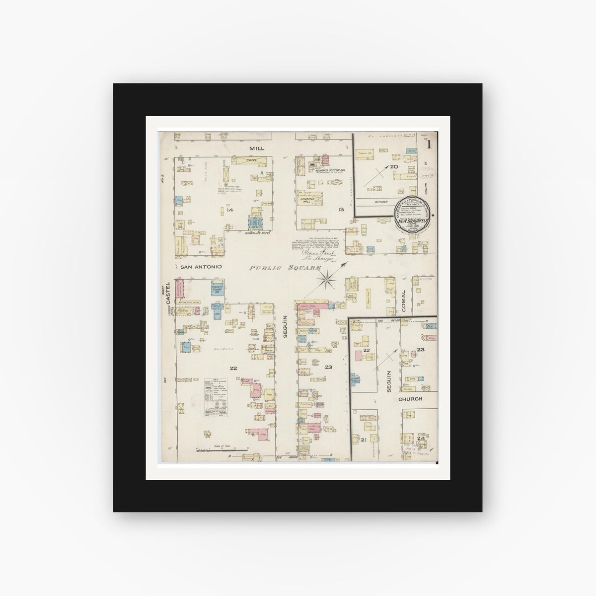 Old map wall art mockup — black gallery frame with white mat — Sanborn Fire Insurance Map from New Braunfels, Comal County, Texas (1885) - Complete Map Set