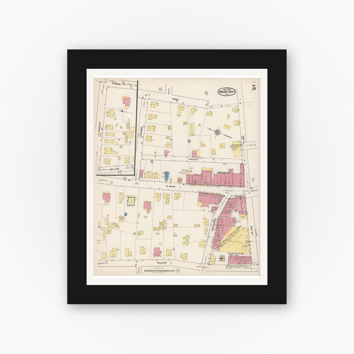Old map wall art mockup — black gallery frame with white mat — Sanborn Fire Insurance Map from Mount Airy, Surry County, North Carolina (1922), Sheet #0005