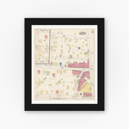 Old map wall art mockup — black gallery frame with white mat — Sanborn Fire Insurance Map from Mount Airy, Surry County, North Carolina (1922), Sheet #0005