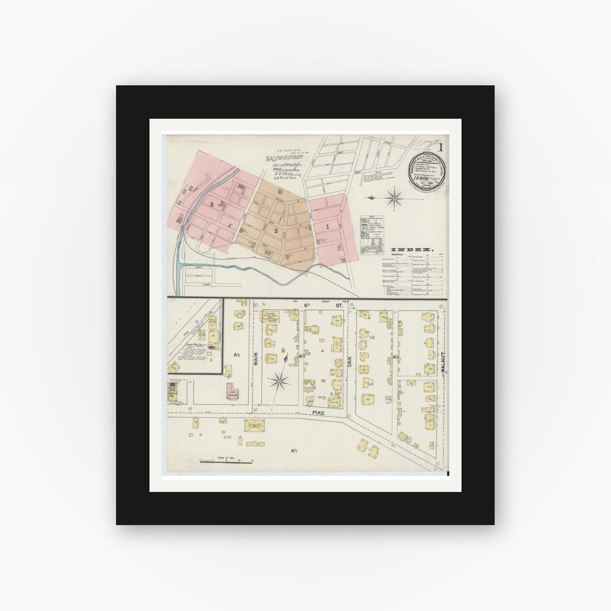 Old map wall art mockup — black gallery frame with white mat — Sanborn Fire Insurance Map from Irwin, Westmoreland County, Pennsylvania (1889), Sheet #0001