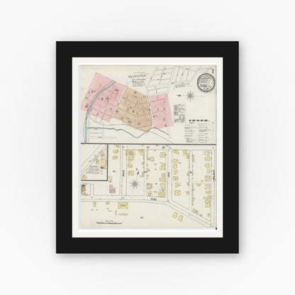 Old map wall art mockup — black gallery frame with white mat — Sanborn Fire Insurance Map from Irwin, Westmoreland County, Pennsylvania (1889), Sheet #0001