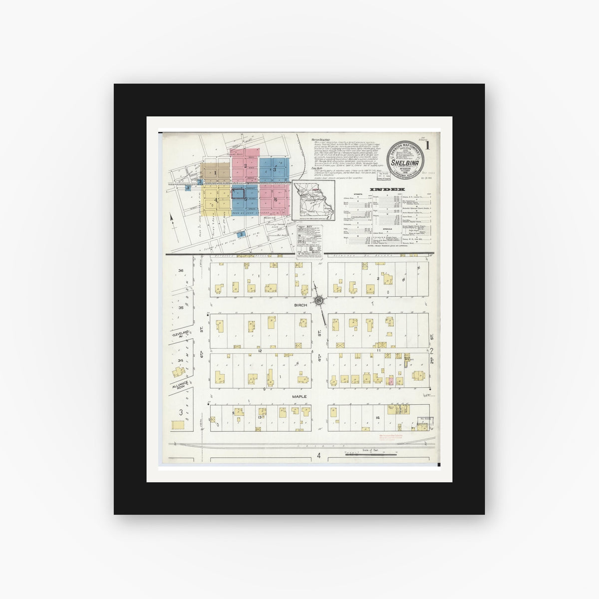 Old map wall art mockup — black gallery frame with white mat — Sanborn Fire Insurance Map from Shelbina, Shelby County, Missouri (1916) - Complete Map Set