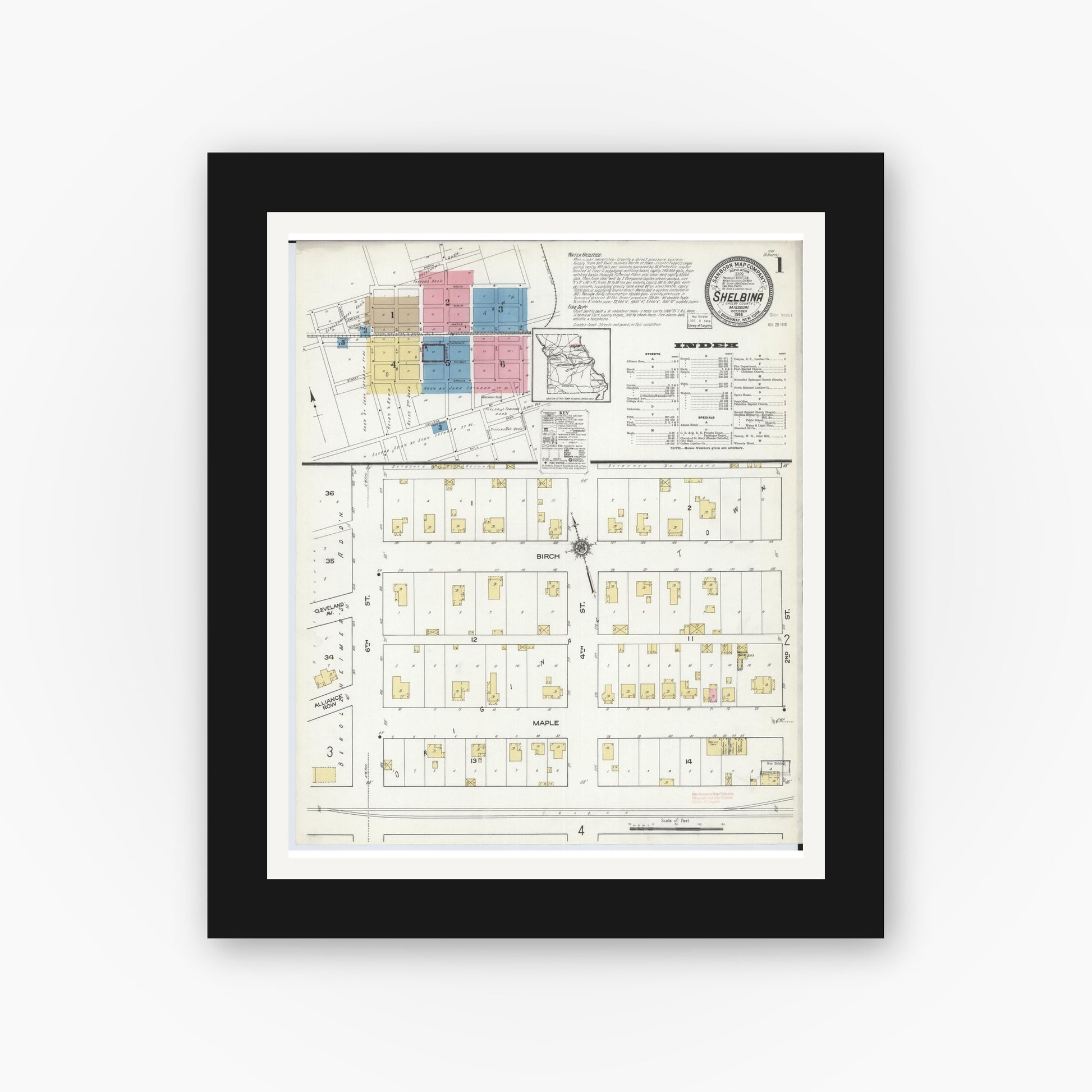Old map wall art mockup — black gallery frame with white mat — Sanborn Fire Insurance Map from Shelbina, Shelby County, Missouri (1916) - Complete Map Set