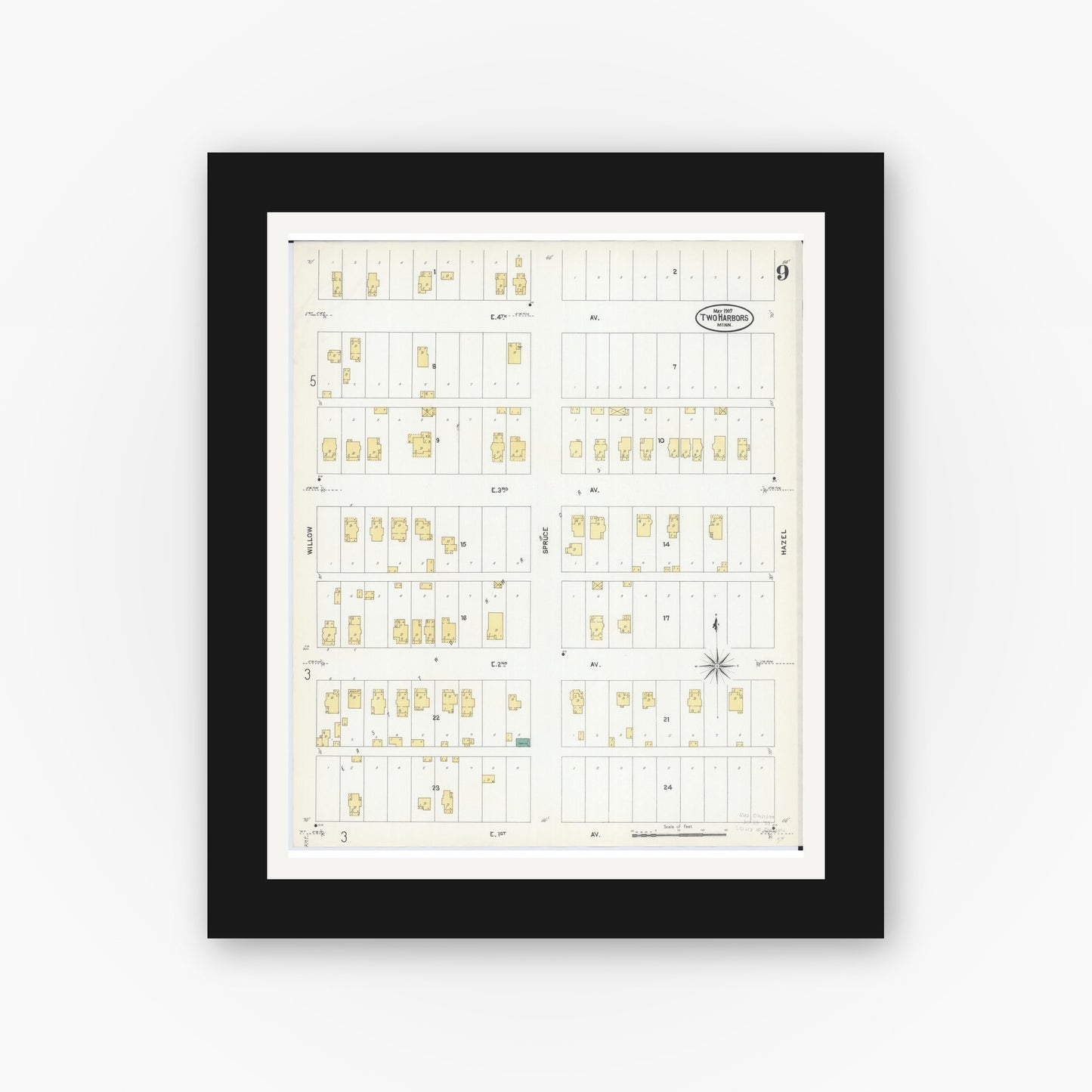 Old map wall art mockup — black gallery frame with white mat — Sanborn Fire Insurance Map from Two Harbors, Lake County, Minnesota (1907), Sheet #0009