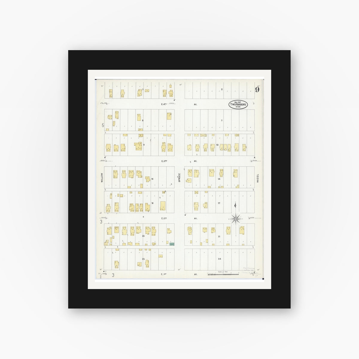 Old map wall art mockup — black gallery frame with white mat — Sanborn Fire Insurance Map from Two Harbors, Lake County, Minnesota (1907), Sheet #0009