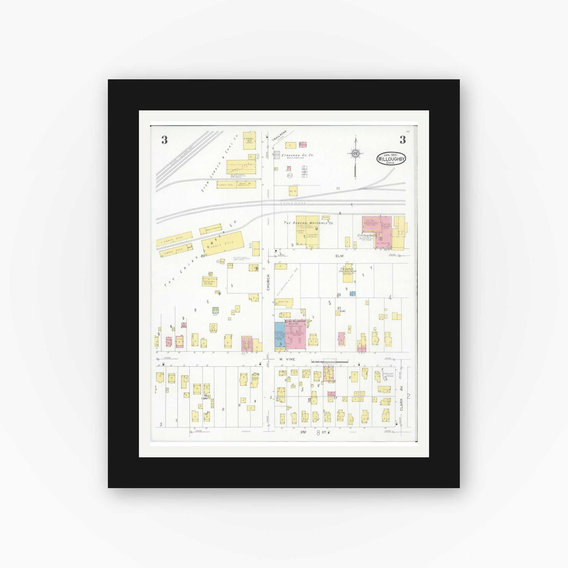 Old map wall art mockup — black gallery frame with white mat — Sanborn Fire Insurance Map from Willoughby, Lake County, Ohio (1931), Sheet #0003