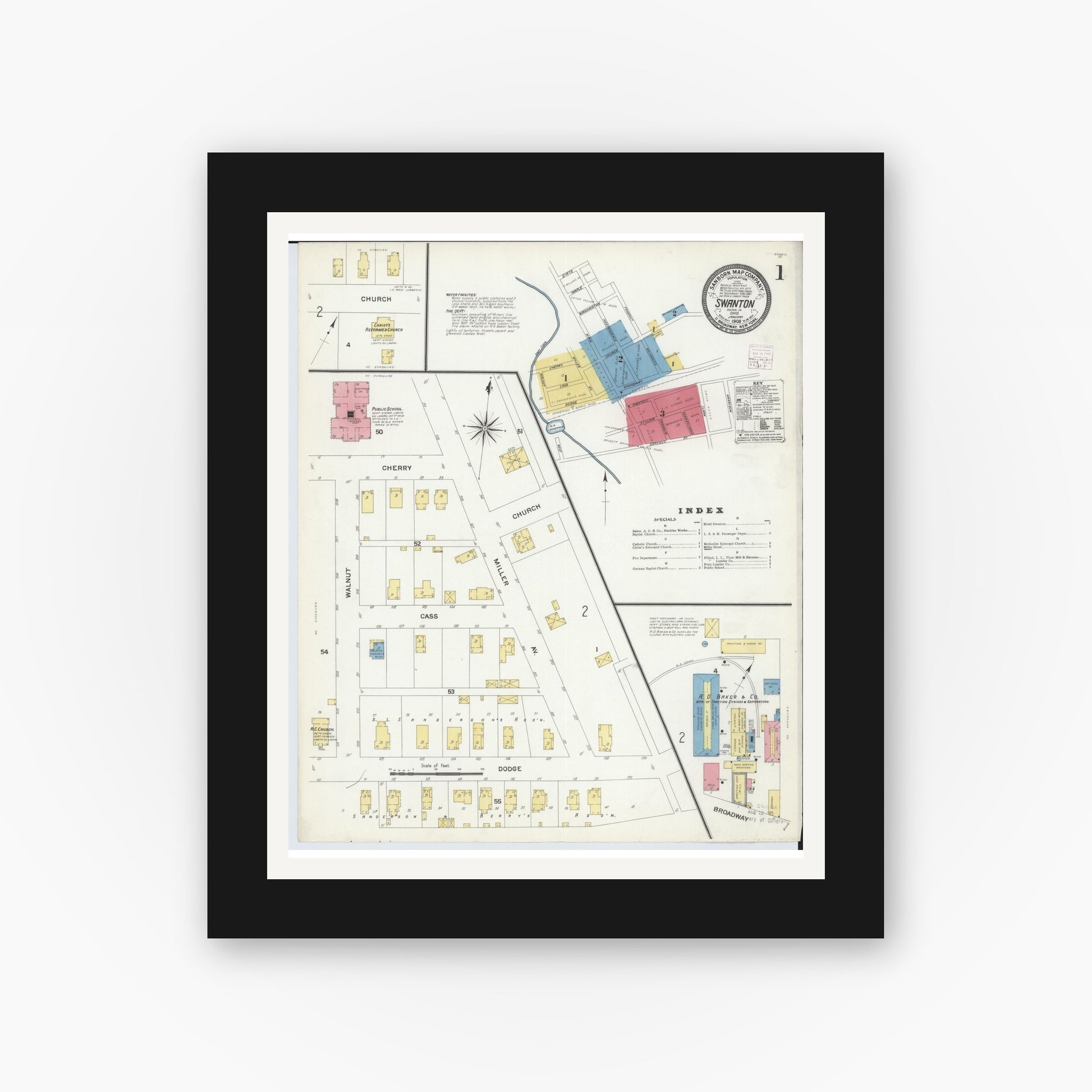 Old map wall art mockup — black gallery frame with white mat — Sanborn Fire Insurance Map from Swanton, Fulton County, Ohio (1908) - Complete Map Set