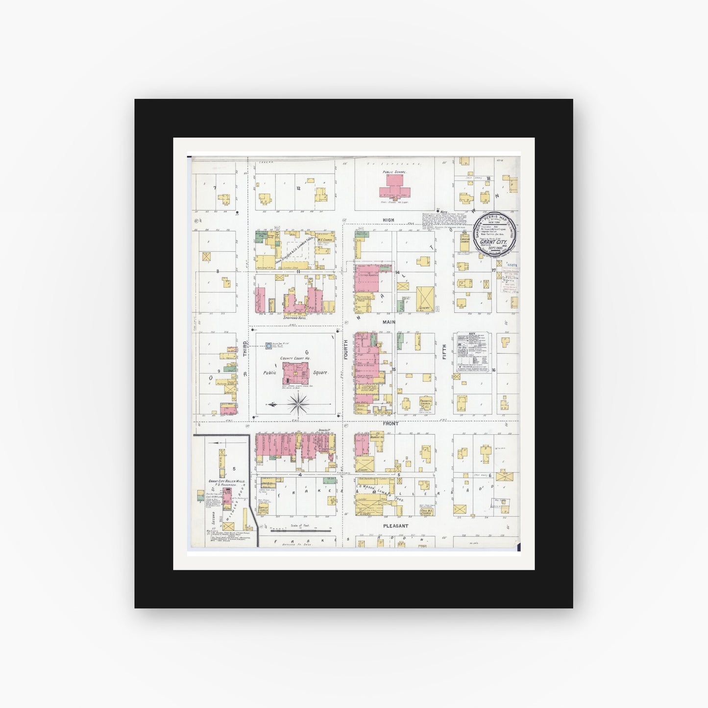 Old map wall art mockup — black gallery frame with white mat — Sanborn Fire Insurance Map from Grant City, Worth County, Missouri (1900), Sheet #0001