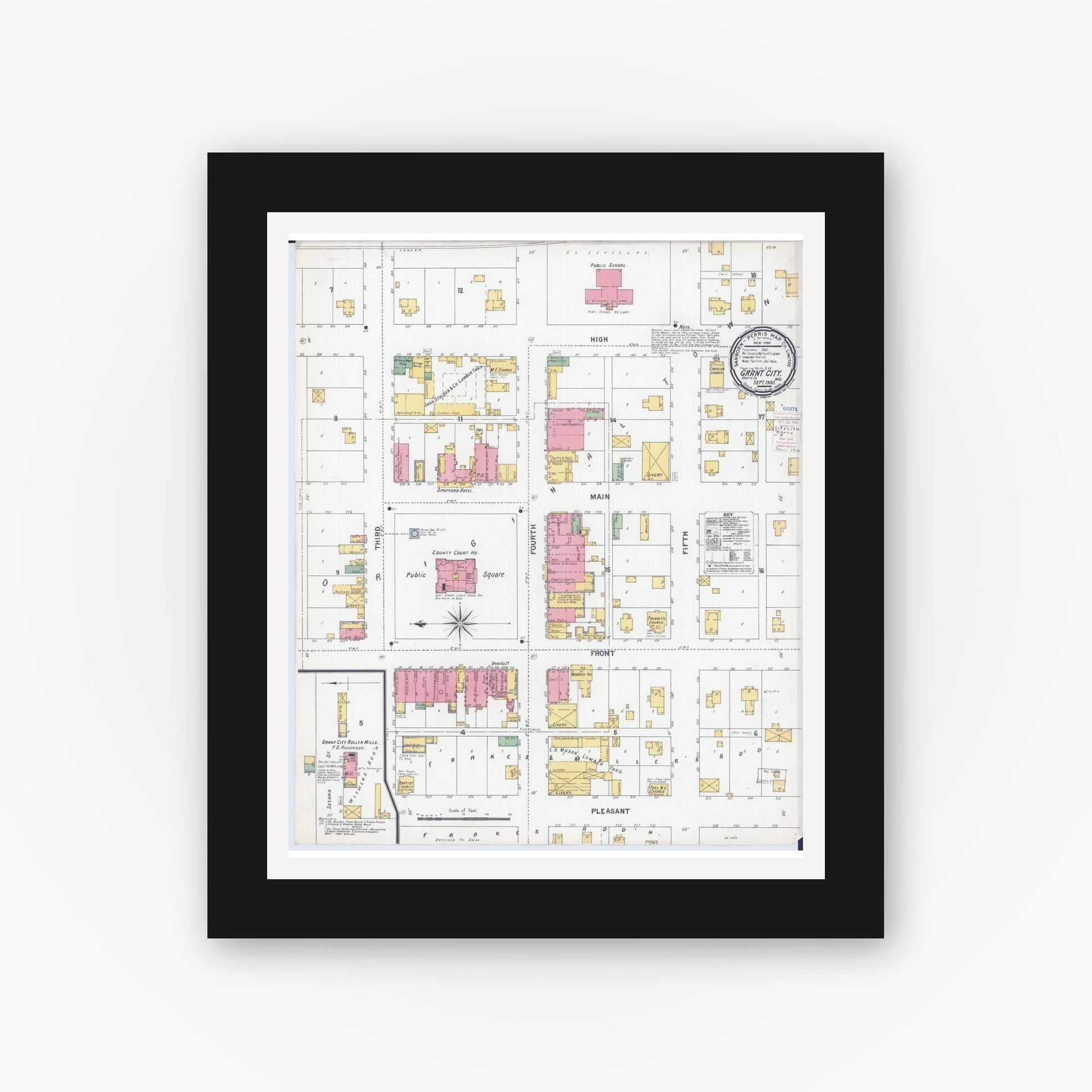 Old map wall art mockup — black gallery frame with white mat — Sanborn Fire Insurance Map from Grant City, Worth County, Missouri (1900), Sheet #0001