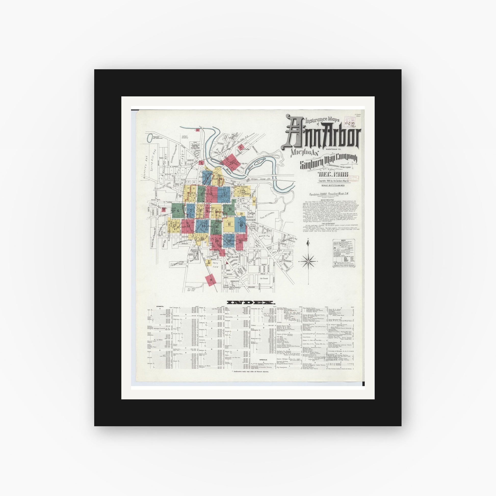 Old map wall art mockup — black gallery frame with white mat — Sanborn Fire Insurance Map from Ann Arbor, Washtenaw County, Michigan (1908) - Complete Map Set