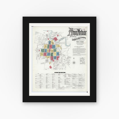 Old map wall art mockup — black gallery frame with white mat — Sanborn Fire Insurance Map from Ann Arbor, Washtenaw County, Michigan (1908) - Complete Map Set