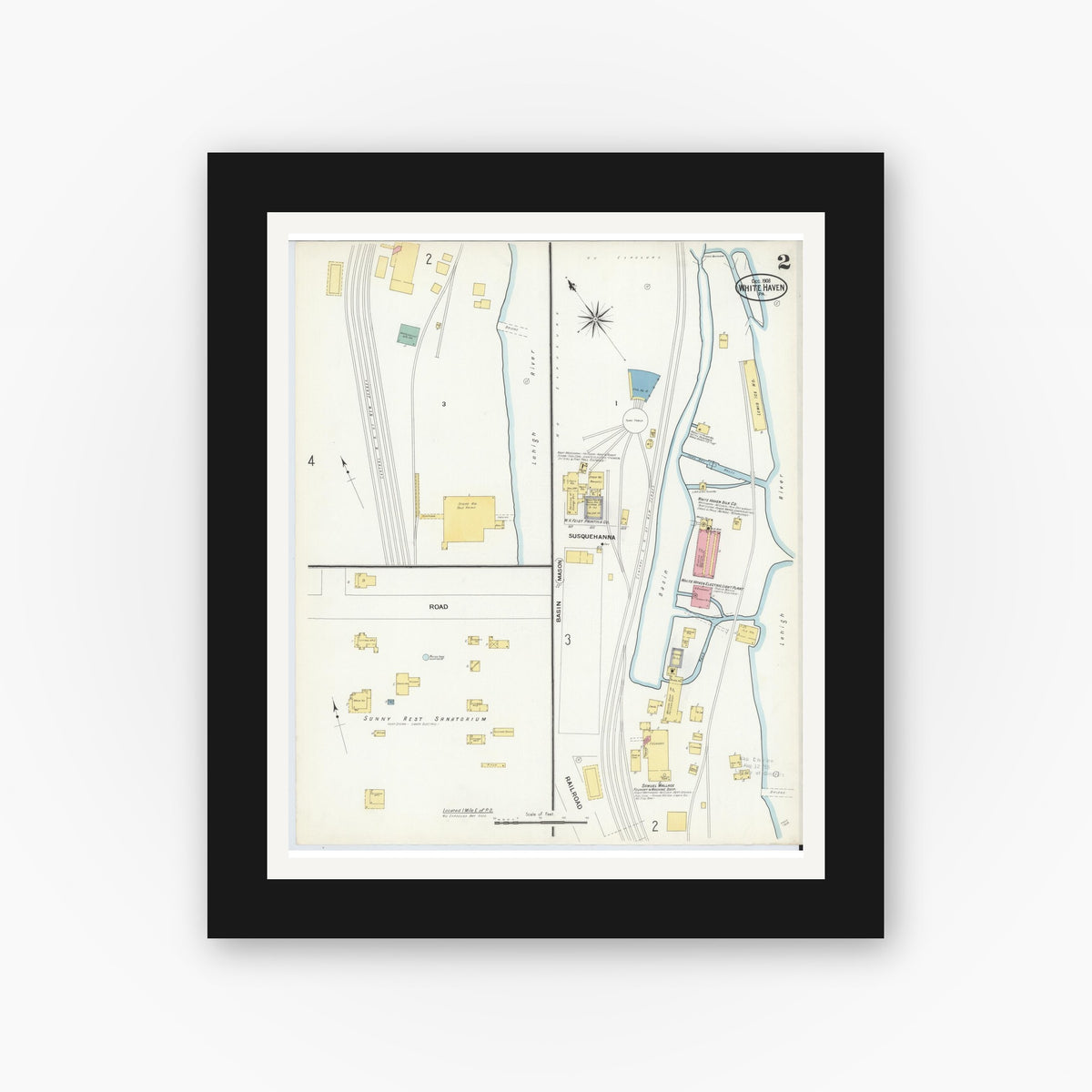 Old map wall art mockup — black gallery frame with white mat — Sanborn Fire Insurance Map from White Haven, Luzerne County, Pennsylvania (1908), Sheet #0002
