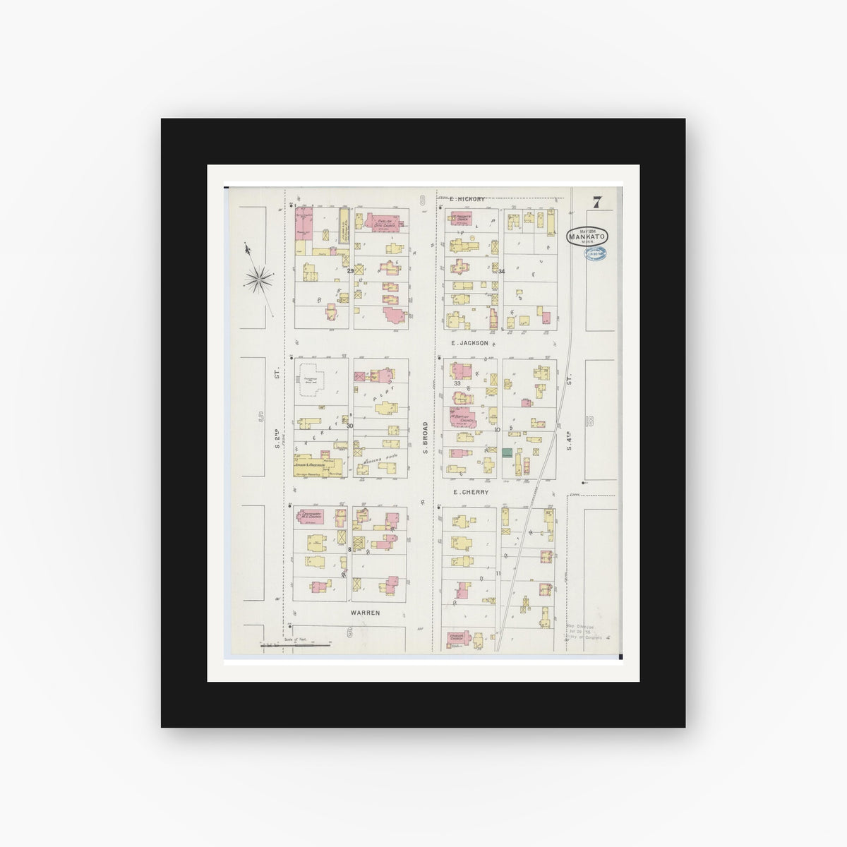 Old map wall art mockup — black gallery frame with white mat — Sanborn Fire Insurance Map from Mankato, Blue Earth County, Minnesota (1894), Sheet #0007