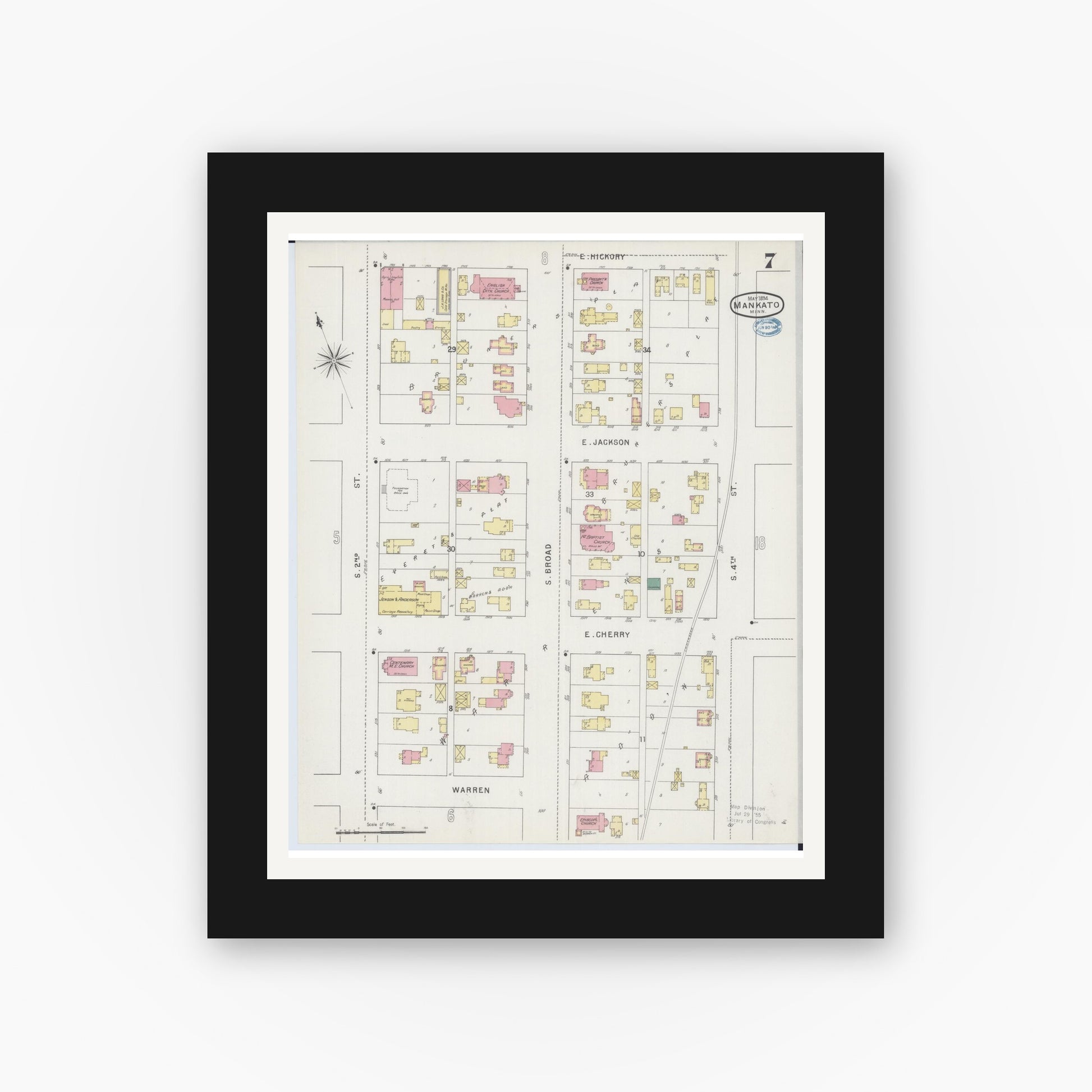 Old map wall art mockup — black gallery frame with white mat — Sanborn Fire Insurance Map from Mankato, Blue Earth County, Minnesota (1894), Sheet #0007