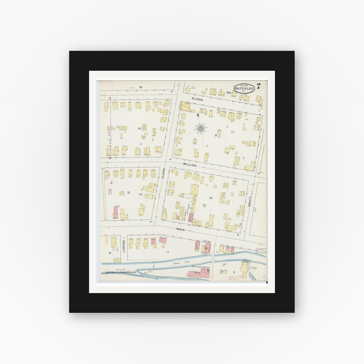 Old map wall art mockup — black gallery frame with white mat — Sanborn Fire Insurance Map from Waterloo, Seneca County, New York (1893), Sheet #0007