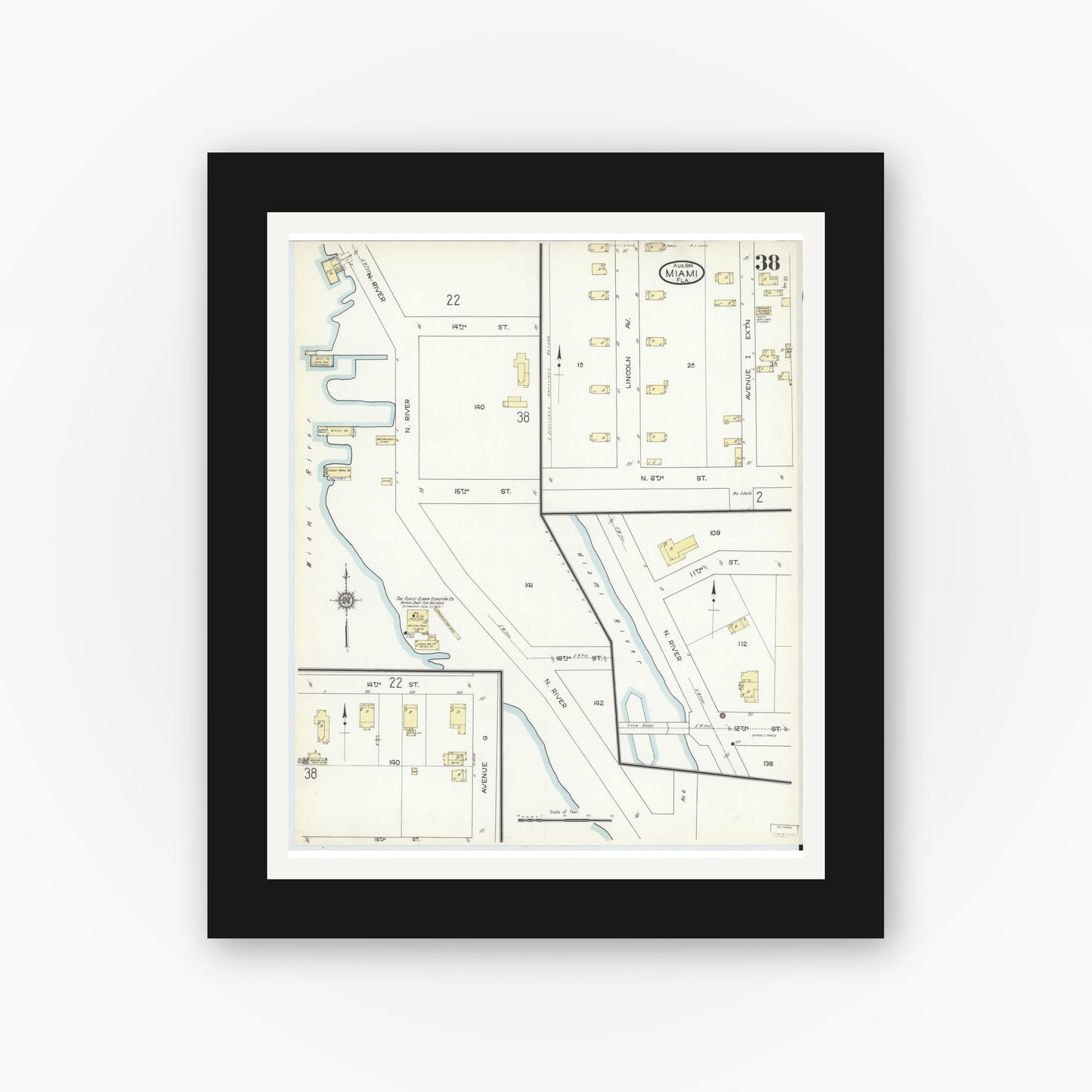 Old map wall art mockup — black gallery frame with white mat — Sanborn Fire Insurance Map from Miami, Dade County, Florida (1914), Sheet #0038