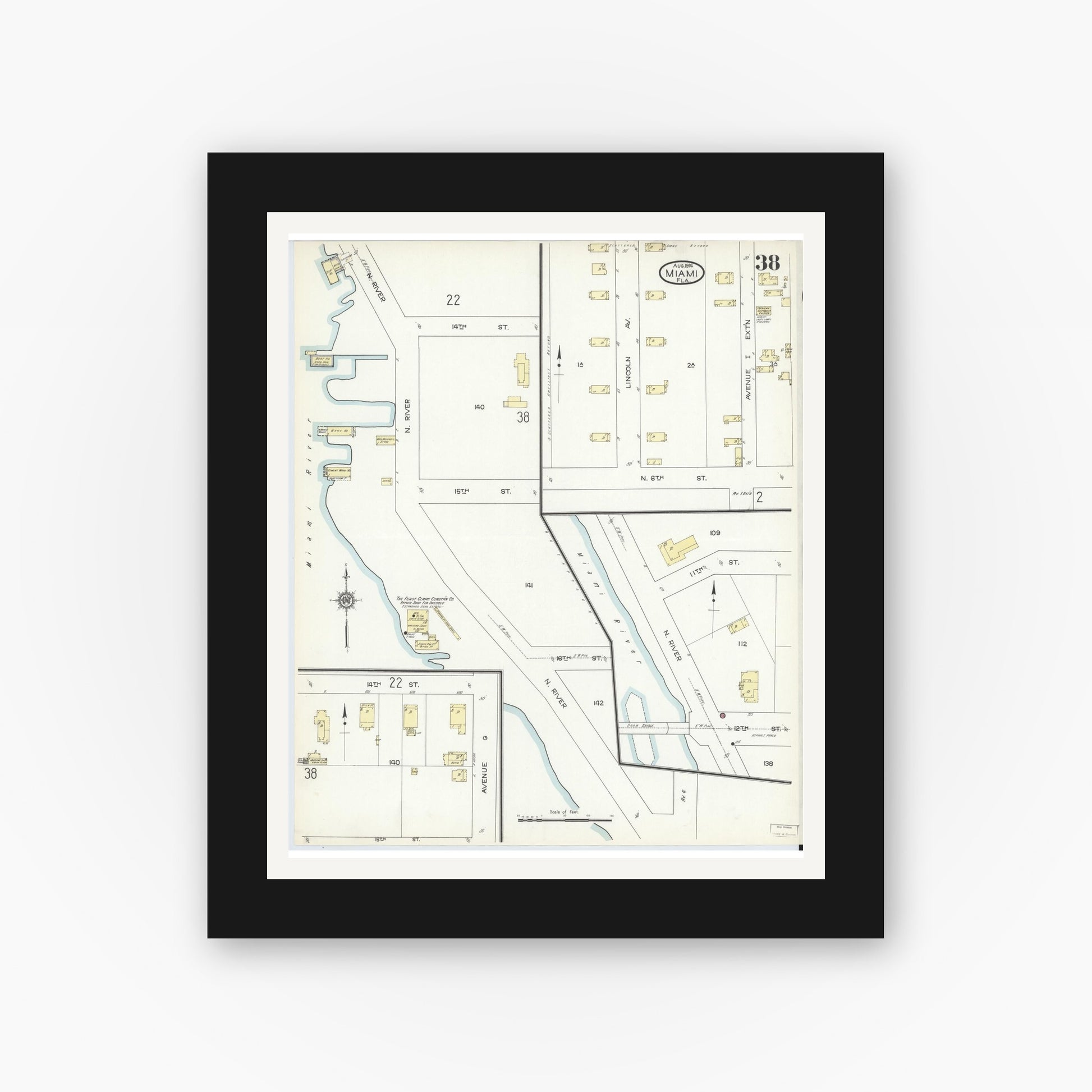 Old map wall art mockup — black gallery frame with white mat — Sanborn Fire Insurance Map from Miami, Dade County, Florida (1914), Sheet #0038