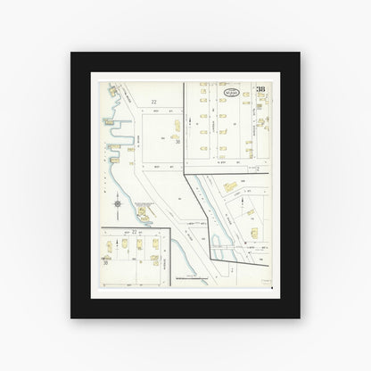 Old map wall art mockup — black gallery frame with white mat — Sanborn Fire Insurance Map from Miami, Dade County, Florida (1914), Sheet #0038
