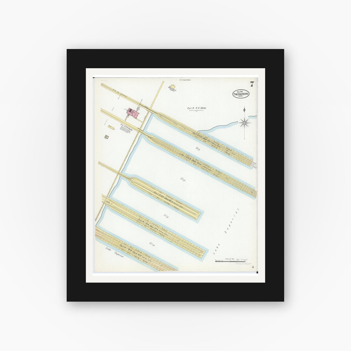Old map wall art mockup — black gallery frame with white mat — Sanborn Fire Insurance Map from Two Harbors, Lake County, Minnesota (1901), Sheet #0007