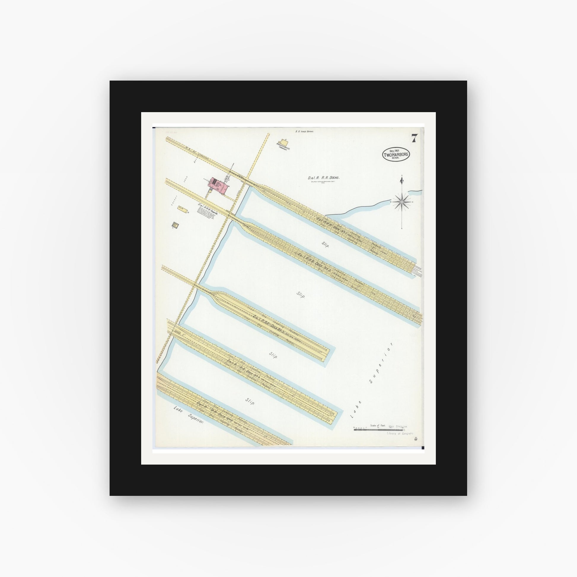 Old map wall art mockup — black gallery frame with white mat — Sanborn Fire Insurance Map from Two Harbors, Lake County, Minnesota (1901), Sheet #0007