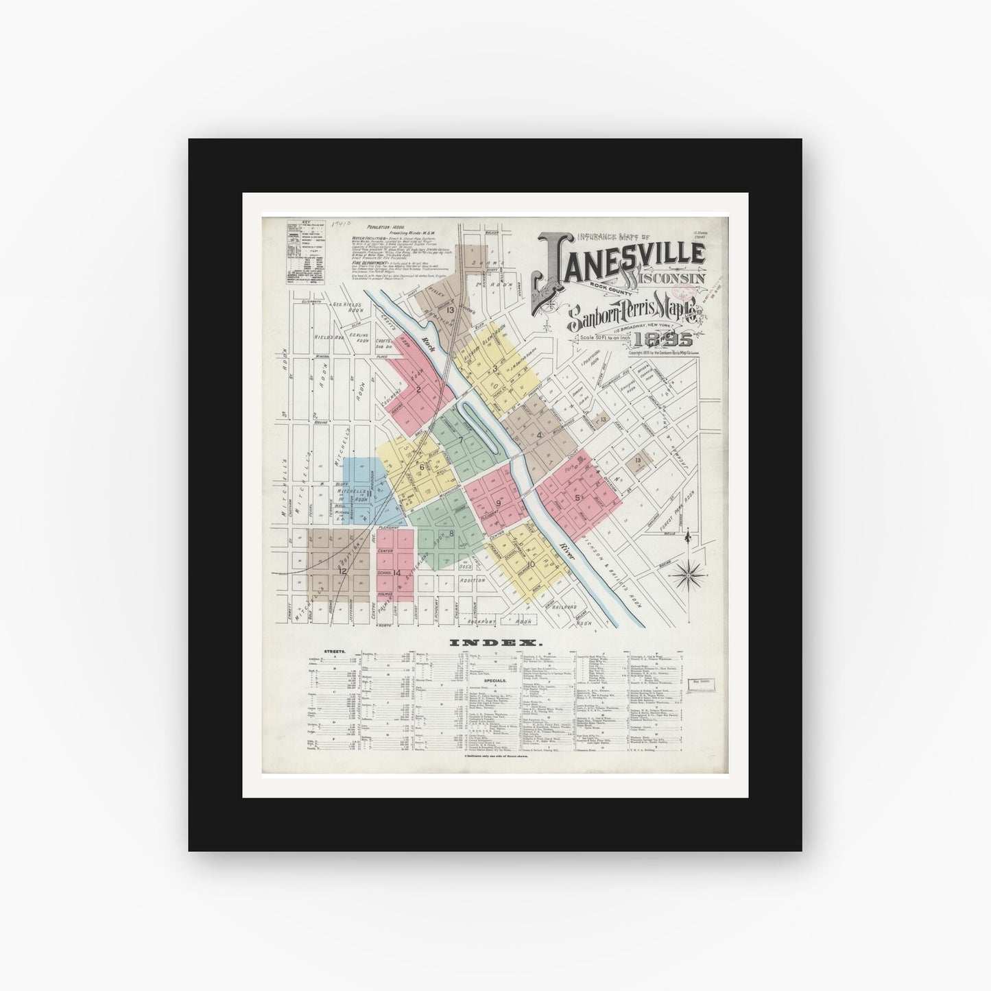 Old map wall art mockup — black gallery frame with white mat — Sanborn Fire Insurance Map from Janesville, Rock County, Wisconsin (1895), Sheet #0001