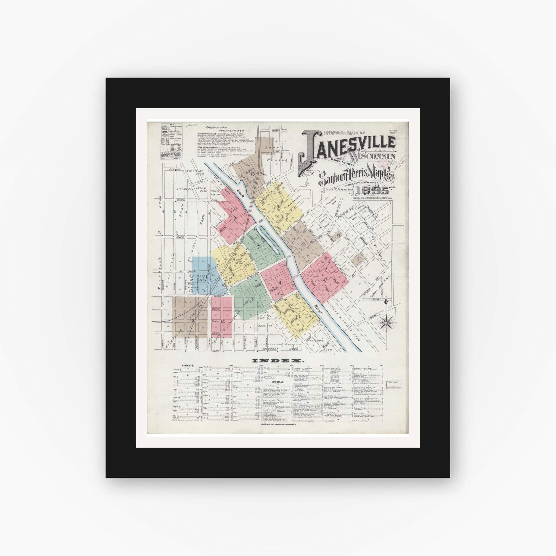 Old map wall art mockup — black gallery frame with white mat — Sanborn Fire Insurance Map from Janesville, Rock County, Wisconsin (1895), Sheet #0001