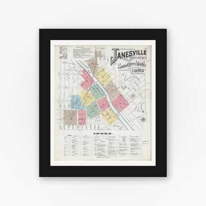 Old map wall art mockup — black gallery frame with white mat — Sanborn Fire Insurance Map from Janesville, Rock County, Wisconsin (1895), Sheet #0001