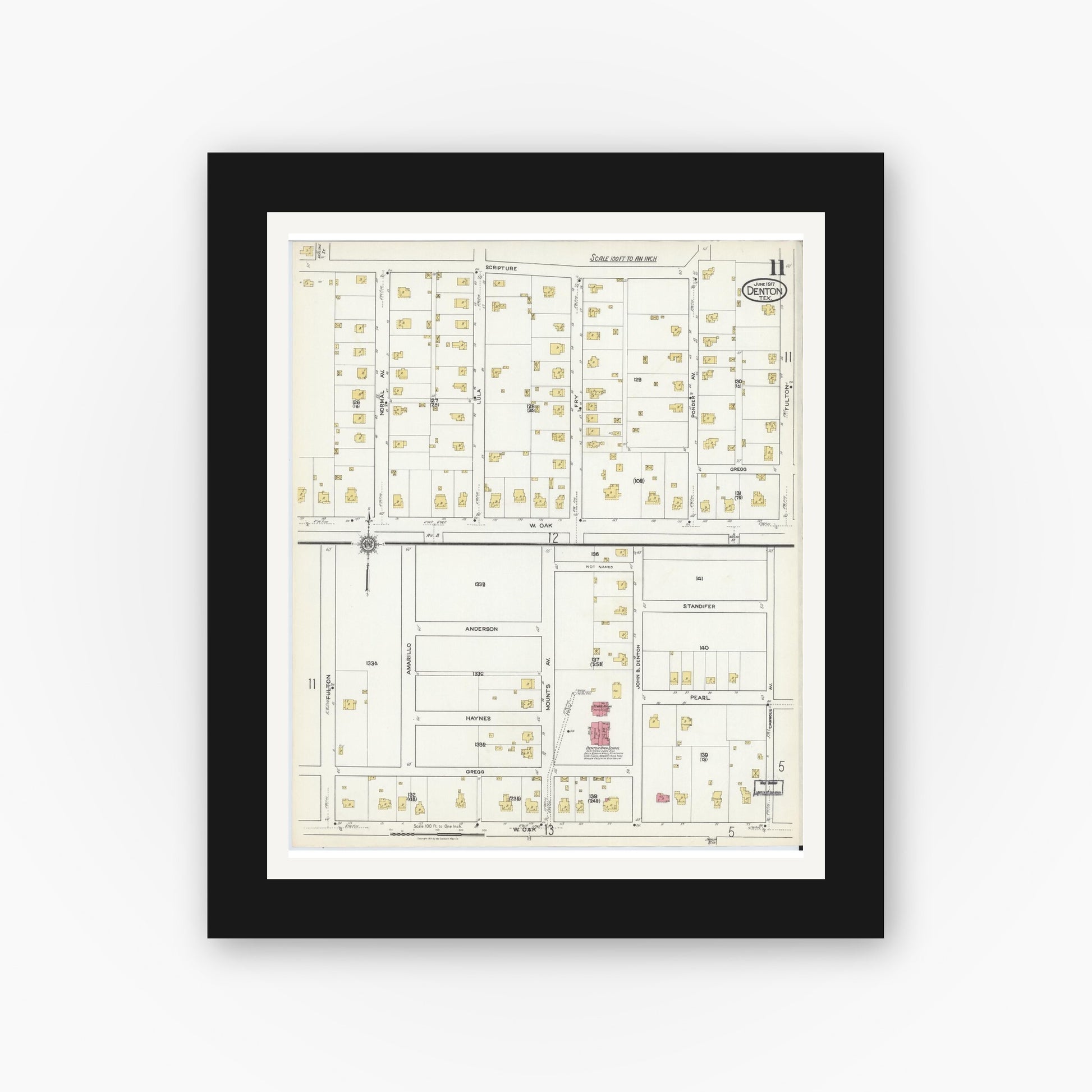 Old map wall art mockup — black gallery frame with white mat — Sanborn Fire Insurance Map from Denton, Denton County, Texas (1917), Sheet #0011
