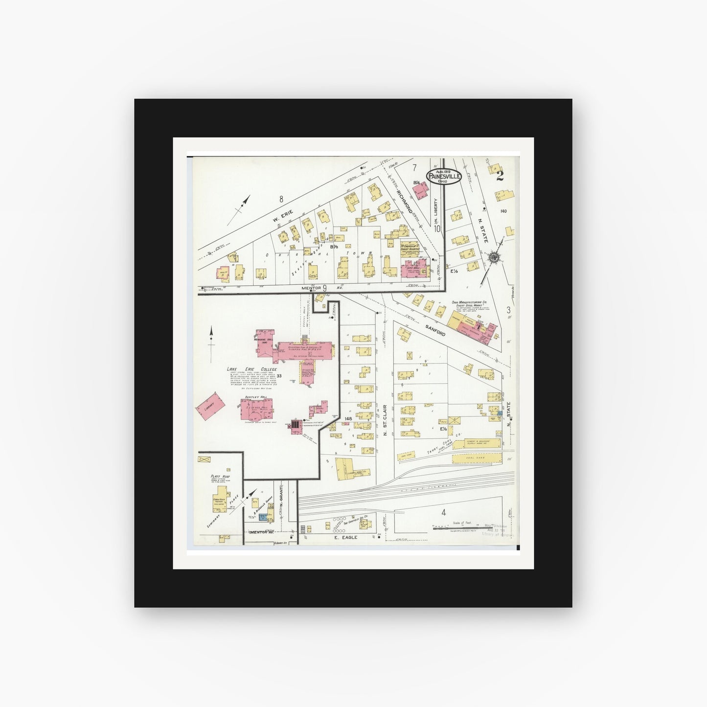 Old map wall art mockup — black gallery frame with white mat — Sanborn Fire Insurance Map from Painesville, Lake County, Ohio (1919), Sheet #0002