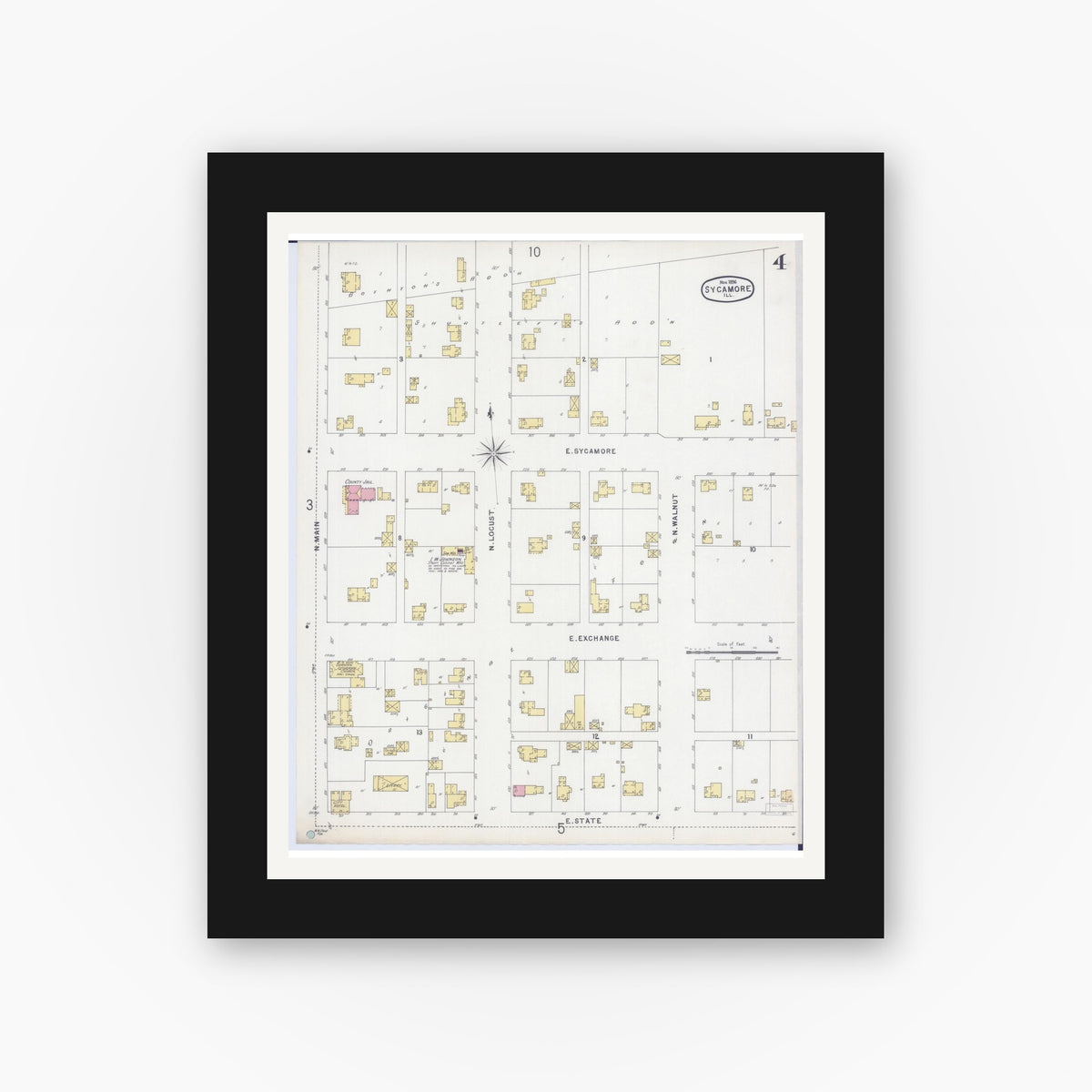 Old map wall art mockup — black gallery frame with white mat — Sanborn Fire Insurance Map from Sycamore, De Kalb County, Illinois (1896), Sheet #0004
