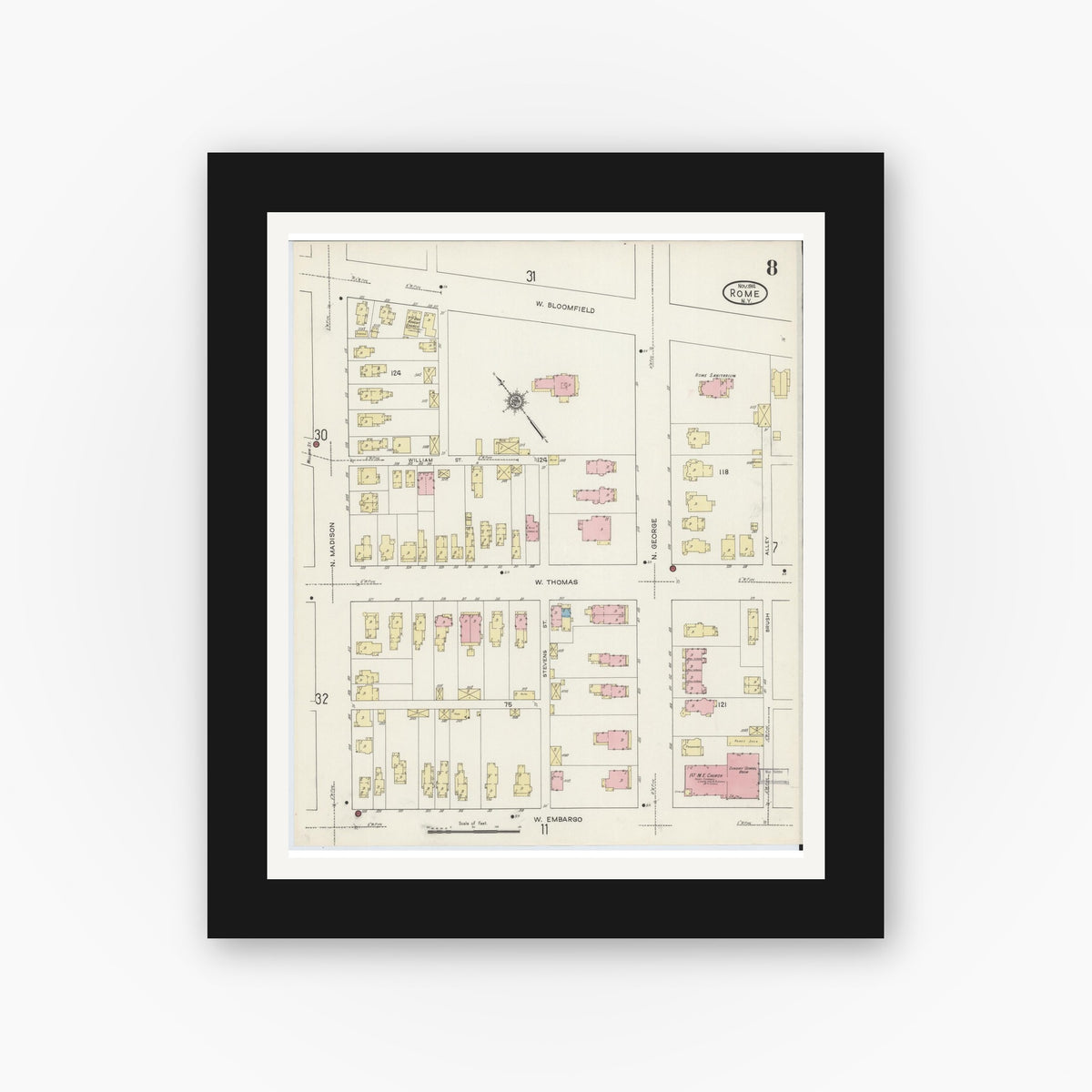 Old map wall art mockup — black gallery frame with white mat — Sanborn Fire Insurance Map from Rome, Oneida County, New York (1914), Sheet #0008