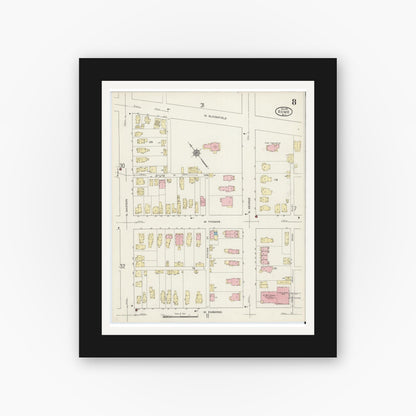 Old map wall art mockup — black gallery frame with white mat — Sanborn Fire Insurance Map from Rome, Oneida County, New York (1914), Sheet #0008