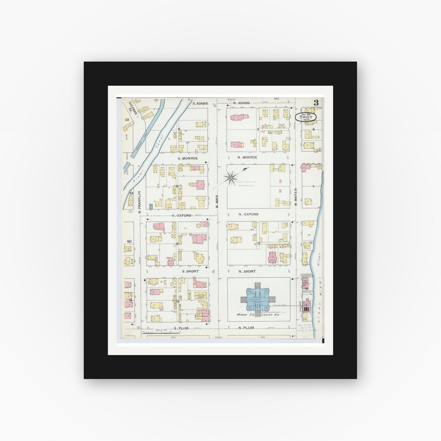 Old map wall art mockup — black gallery frame with white mat — Sanborn Fire Insurance Map from Troy, Miami County, Ohio (1892), Sheet #0003