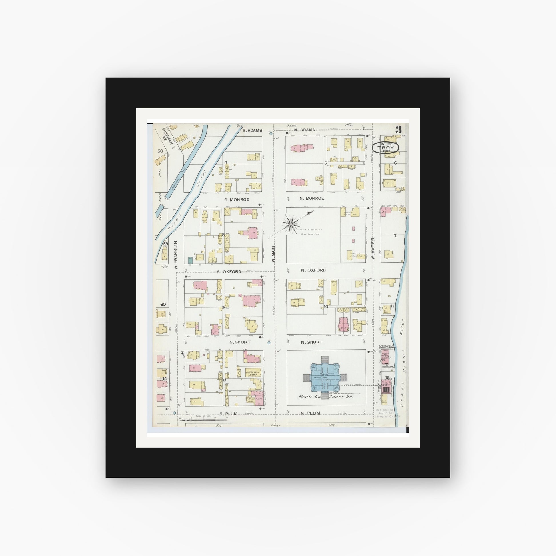 Old map wall art mockup — black gallery frame with white mat — Sanborn Fire Insurance Map from Troy, Miami County, Ohio (1892), Sheet #0003