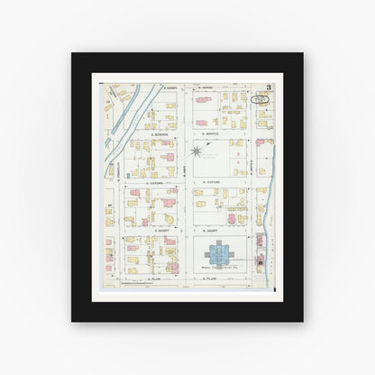 Old map wall art mockup — black gallery frame with white mat — Sanborn Fire Insurance Map from Troy, Miami County, Ohio (1892), Sheet #0003