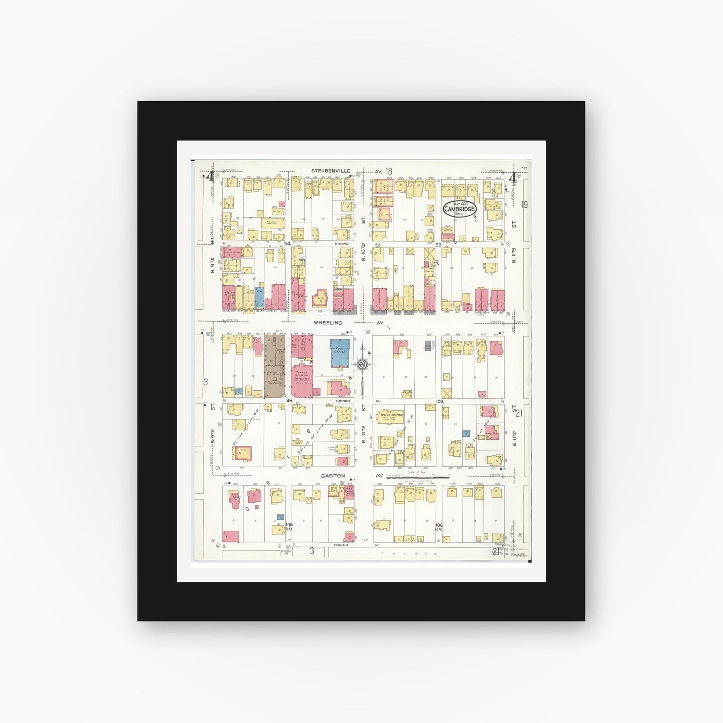 Old map wall art mockup — black gallery frame with white mat — Sanborn Fire Insurance Map from Cambridge, Guernsey County, Ohio (1923), Sheet #0004