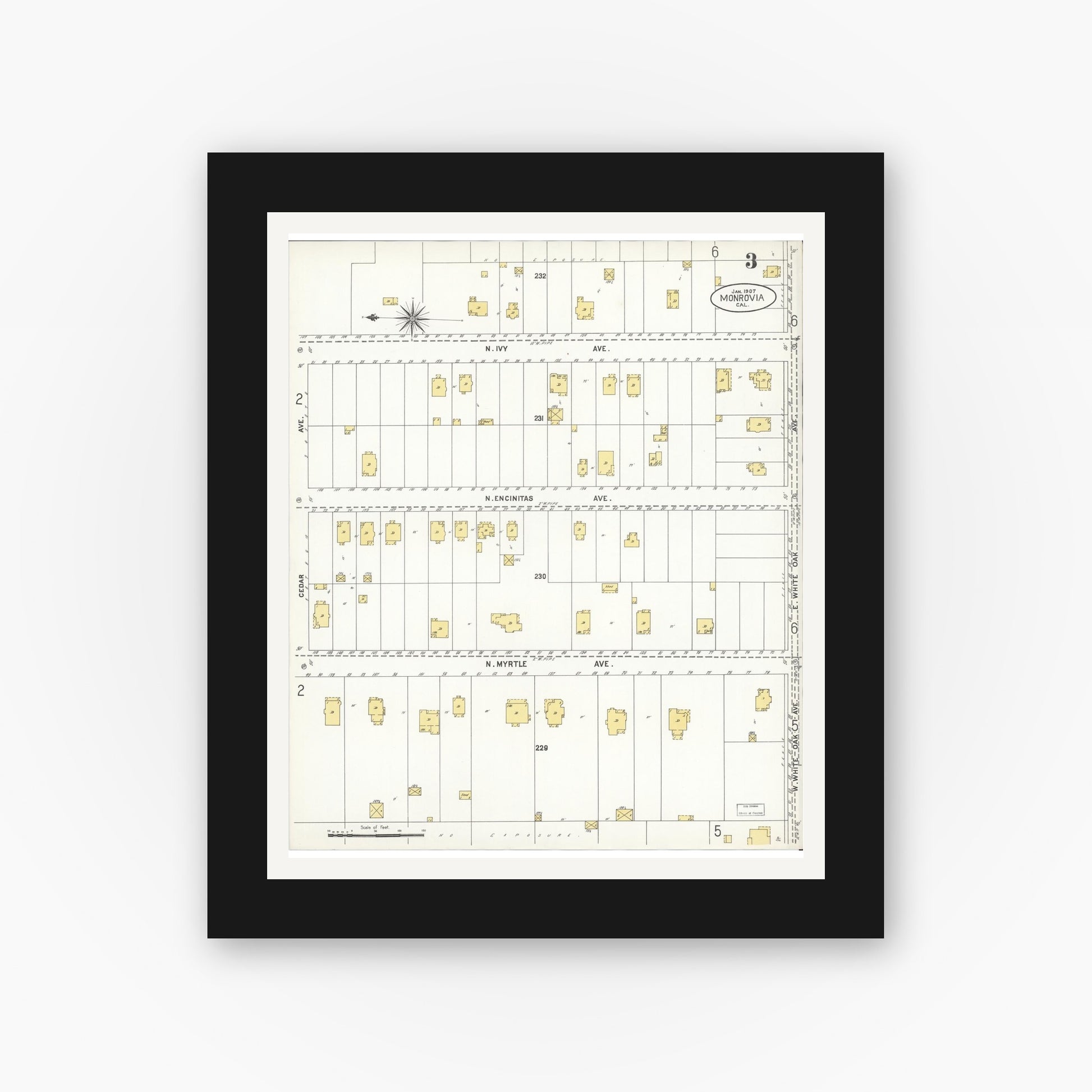 Old map wall art mockup — black gallery frame with white mat — Sanborn Fire Insurance Map from Monrovia, Los Angeles County, California (1907), Sheet #0003