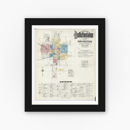 Old map wall art mockup — black gallery frame with white mat — Sanborn Fire Insurance Map from Bellefontaine, Logan County, Ohio (1914) - Complete Map Set